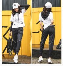 Load image into Gallery viewer, Yoga Set Women Solid Black White Four PCs Short Sleeves Hoodie+Bra+Shirt Sleeves+Loose Pants Letters Dancing Clothes