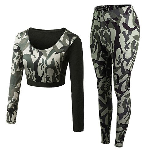 Brand New Camo Sport Fitness Tight Sexy Sport Suit 2 Piecs set Patchwork Yoga Shirt Pant 2019 Green Tracksuit For Women