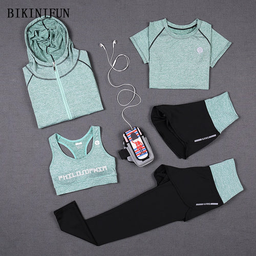 New Women Yoga Suit 5 Piece Yoga Sets 3 Piece Solid Color Yoga Shirt Fitness Tracksuit Running Yoga Pants Sports Bra Sportswear