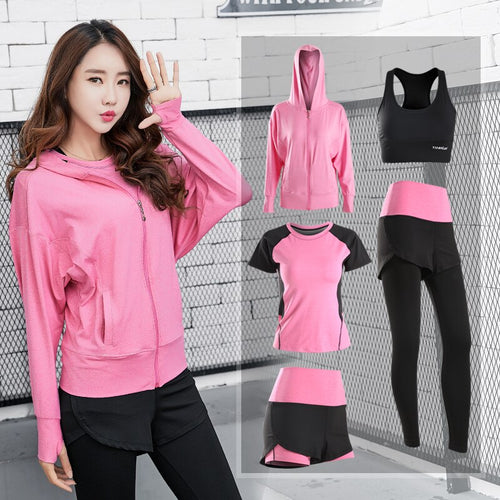 2018 New Women Yoga Set Jacket Sport Bra Short Running Pants Yoga Shirt 5 In 1 Set Sportswear Breathable Fitness Large Size M-3X