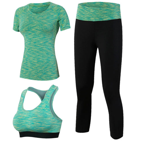 Women Yoga 3pcs Brand Sport Tight Short Sleeve Shirt Bra Pants Fitness Leggings Running Gym Sport Suit Sport Top Green Yoga Set