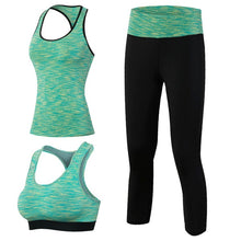 Load image into Gallery viewer, Women Yoga 3pcs Brand Sport Tight Short Sleeve Shirt Bra Pants Fitness Leggings Running Gym Sport Suit Sport Top Green Yoga Set