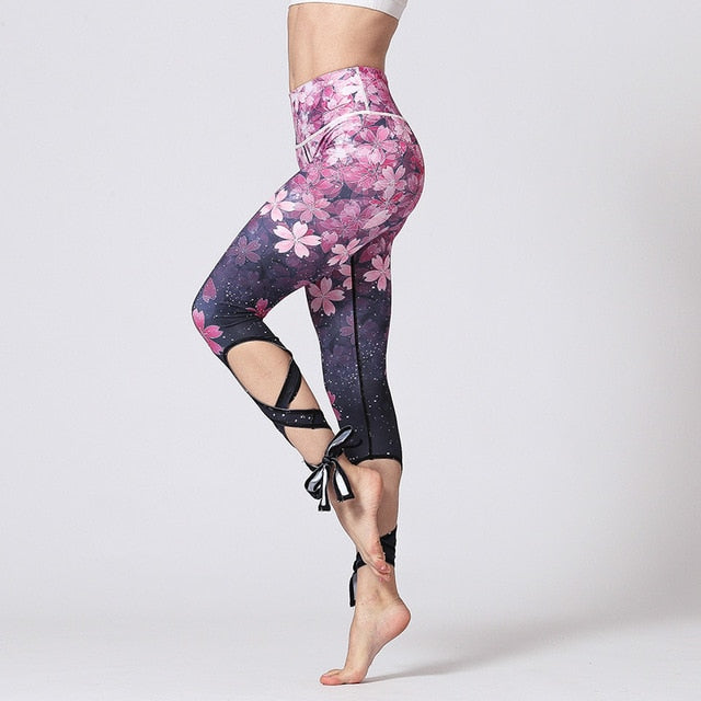 Yoga Pants Women Fitness Leggings Cherry Sakura Print Elastic Waist Sport Pant Quick Dry Running Exercise Tight Bandage Workout