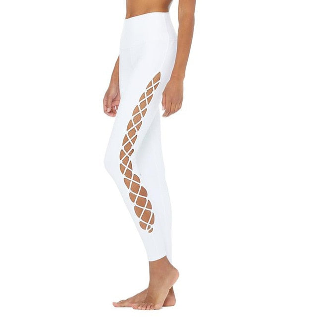 Side Cross Lace Up Gym Skinny Pants High Waist Ladies Breathable Sports Leggings