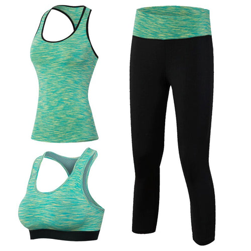 New 3pcs Sport Fitness Suit Women Yoga Sets Sleeveless Shirt Leggings Fitness Gym Running Sport Tights Vest Pants Green Yoga set