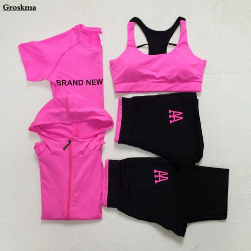5 Piece Set Women Yoga Suit Hooded Coats+t Shirt+bra+shorts+pants Quick Dry Sports Fitness Gym Sets Outdoor Running Clothing
