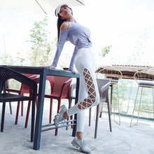 Load image into Gallery viewer, Solid Female Elastic Splice Lace Yoga Pants Tight Shockproof Gym Full Length Fitness Sports Running Beauty Hip Pants Leggings
