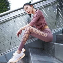 Load image into Gallery viewer, Solid Female Elastic Splice Lace Yoga Pants Tight Shockproof Gym Full Length Fitness Sports Running Beauty Hip Pants Leggings