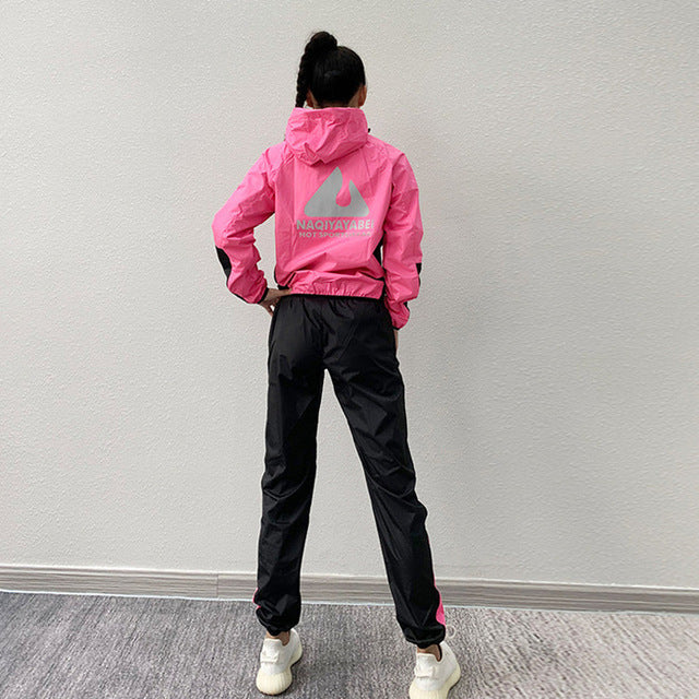 Sweating Sports Set Women Sportswear Loose Fitness Coat Zipper Hooded Jacket Outdoor Running Windbreaker+Loose Sports Pants
