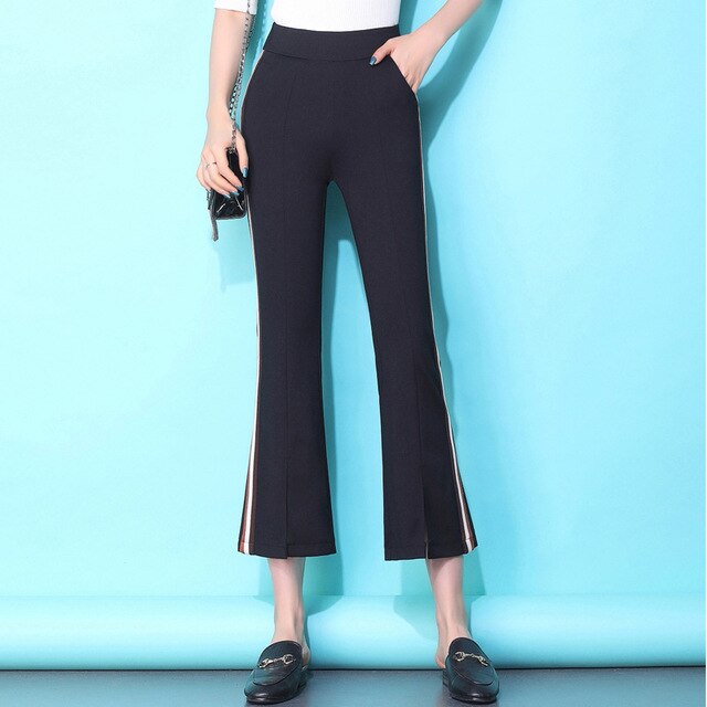 Sport 2019 Elegant korea Women Trouser Spring Summer Pant Femme Elastic Waist FEMALE Striped front culottes Pants boot cut Pant