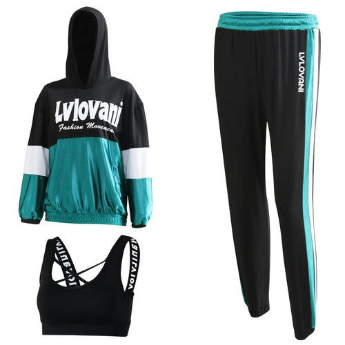 Women Plus Size 3 Pieces Shiny Sportswear Long Sleeve Shirt Bra Pants Gym Workout Clothes solid Patchwork solid Women Yoga suit