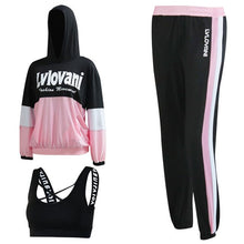 Load image into Gallery viewer, Women Plus Size 3 Pieces Shiny Sportswear Long Sleeve Shirt Bra Pants Gym Workout Clothes solid Patchwork solid Women Yoga suit