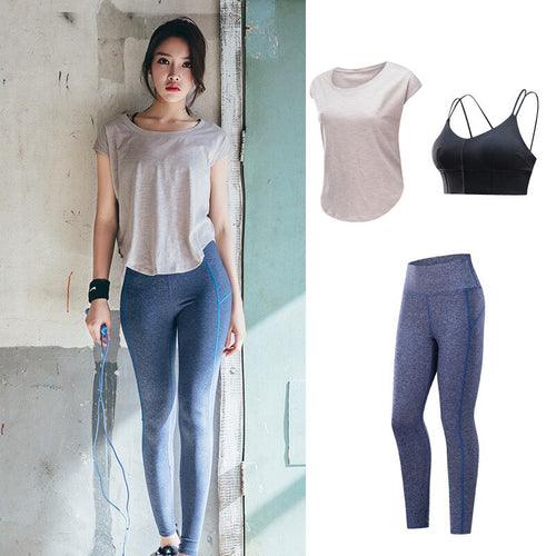 2019 Summer Korean Yoga Wear Set Quick-drying Sports Tops Women's Color Matching Tight Yoga Pants Three-piece Fitness Wear