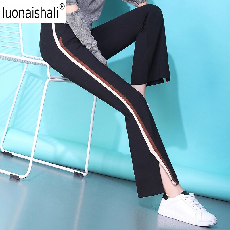 Sport long trousers 2019 Elegant Streetwear Side Stripe Trouser Spring Summer Pant Femme Elastic Waist Women pocket Pants 3XL