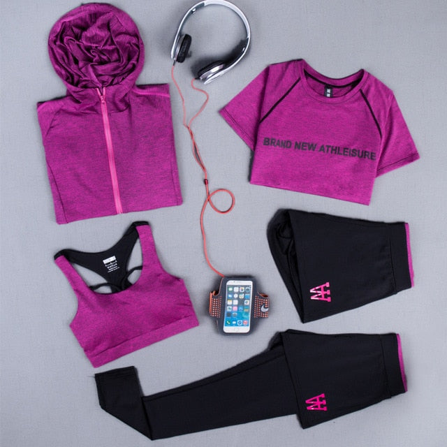 New Women Yoga Sets 5 Piece Yoga Suit Workout Set Gym Tracksuit Yoga Shirt Running Yoga Pants Quick Dry Sportswear 3 Piece Sets