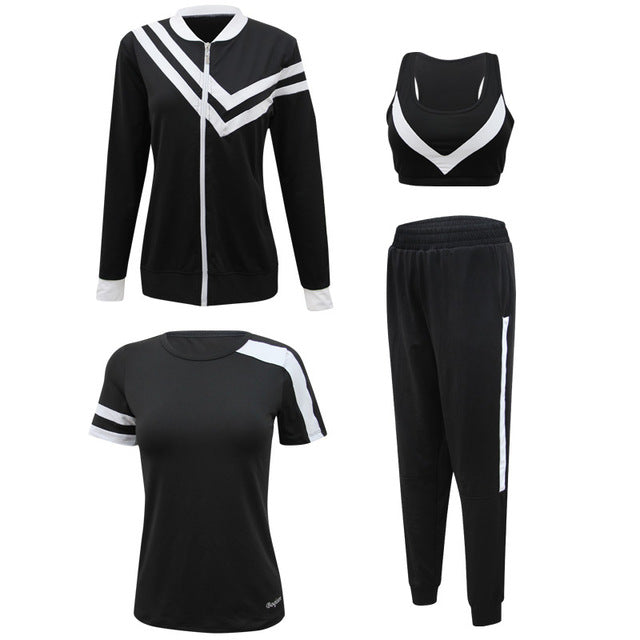 4pcs Women Sport Suit Tracksuit Yoga Set Zipper Jacket+T-Shirt+Bra+Pants Gym Suit Workout Clothes Fitness Sportwear For Women