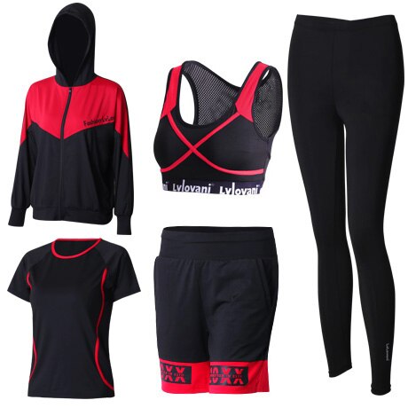 Women Sport Suit Yoga Set Tracksuit Zipper Jacket+Shirt+Bra+Shorts+Pants Fitness Clothes Gym Suit Women Sportswear Plus Size