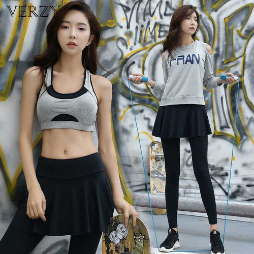 New Yoga Suit Women S-XL Three Pieces Sportswear Solid With Letters Paddd Bra+Off Shoulder Shirt+Skirted Pants Pink And Grey