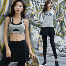 Load image into Gallery viewer, New Yoga Suit Women S-XL Three Pieces Sportswear Solid With Letters Paddd Bra+Off Shoulder Shirt+Skirted Pants Pink And Grey