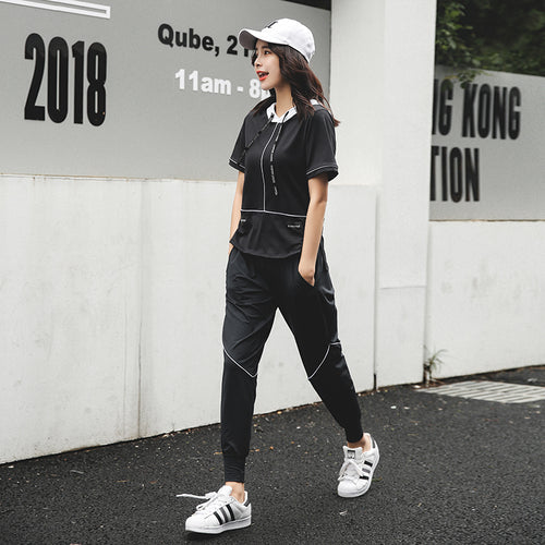 Yoga Set Women Solid Black White Four PCs Short Sleeves Hoodie+Bra+Shirt Sleeves+Loose Pants Letters Dancing Clothes