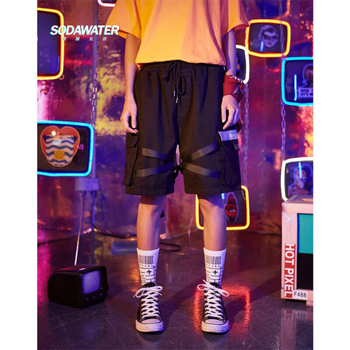 SODAWATER Girl High Street Fashion Women Shorts 100% Cotton Sport Black Short Pants Ribbon Spliced Cargo Woman Shorts 9337S