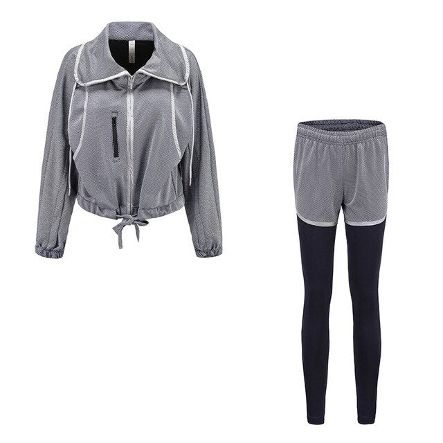 Sports Yoga Suit Women Autumn And Winter New Zipper Running Loose Leisure Jacket +Fake Two Pieces Fitness Shorts Or Long Pant