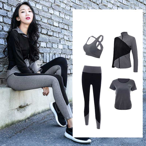 Women Fitness Yoga Set Plus Size M-3XL Sports Bra Yoga Pants Zipper High-necked Shirt T-shirt Gym Running 4 in 1 Sportswear
